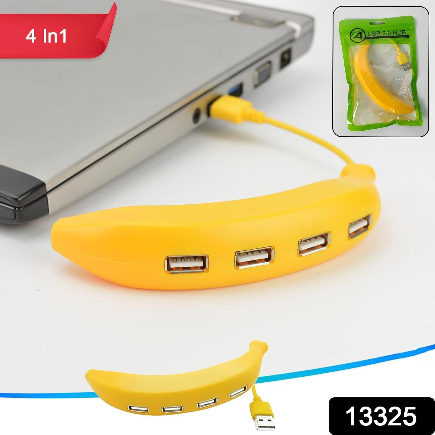 Wukusy banana-shaped USB 2.0 hub with four ports, compact mobile accessories for connecting multiple devices.