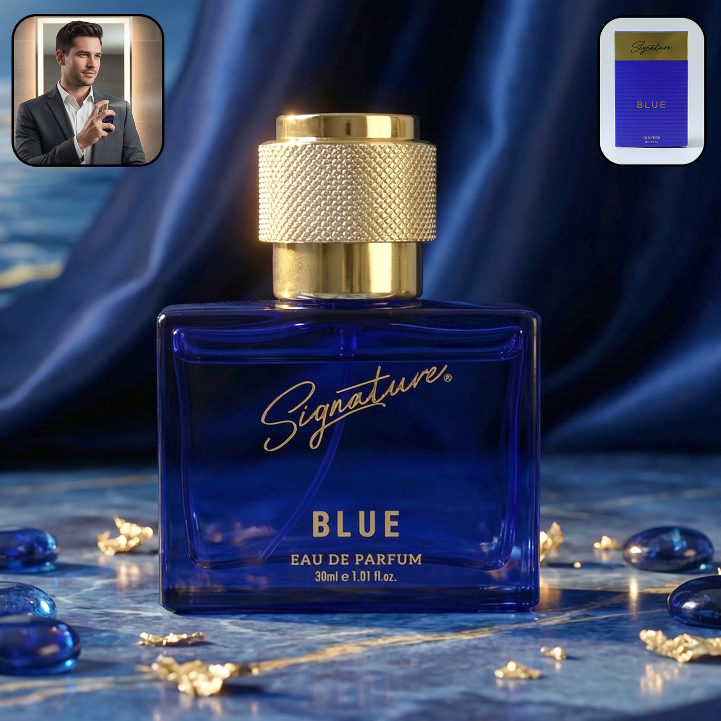 Wukusy Signature Premium Blue Eau De Perfume 30ml bottle with sleek design and elegant packaging.