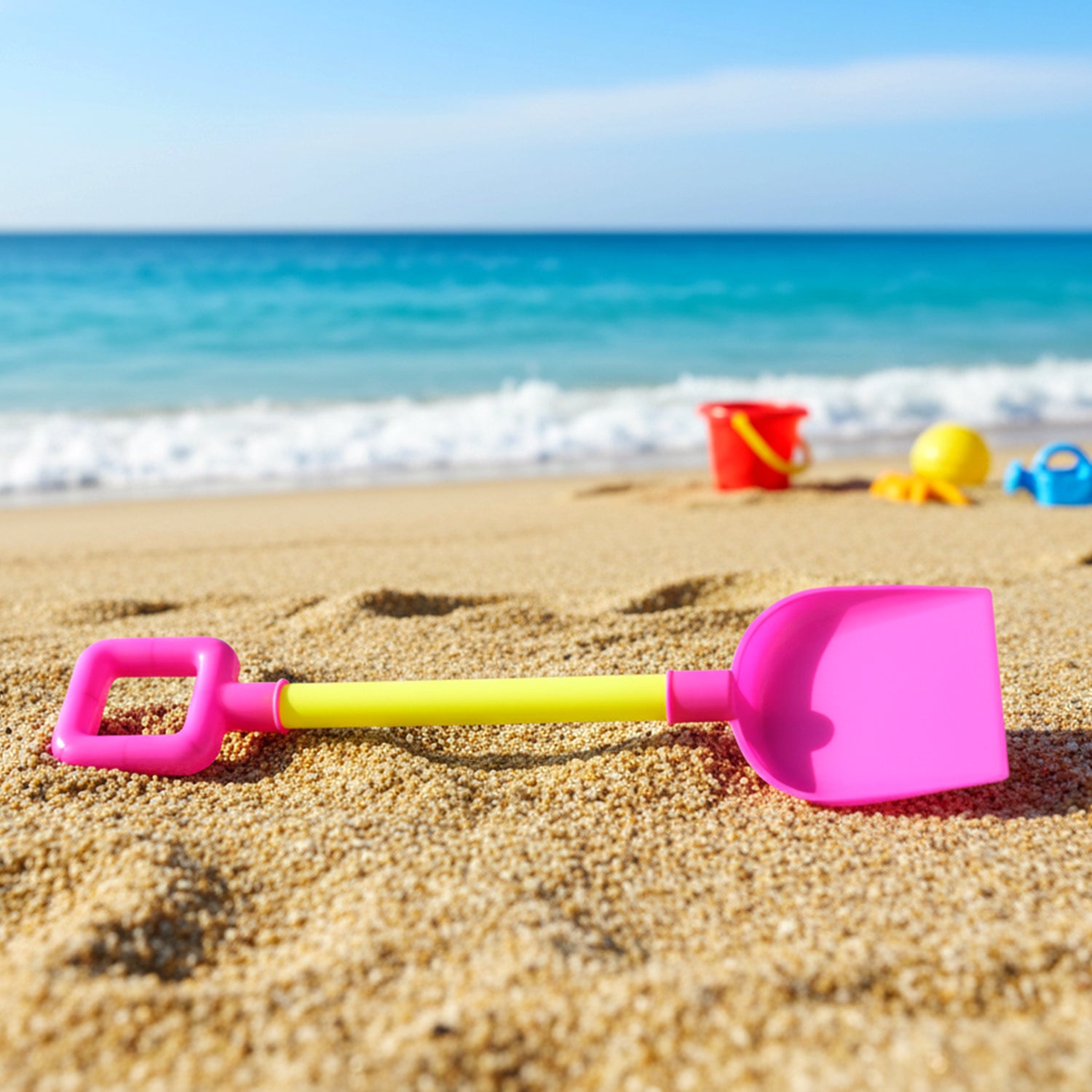 Kids beach sand shovel toy by Wukusy, bright plastic scoop ideal for children’s sand play and outdoor beach activities.