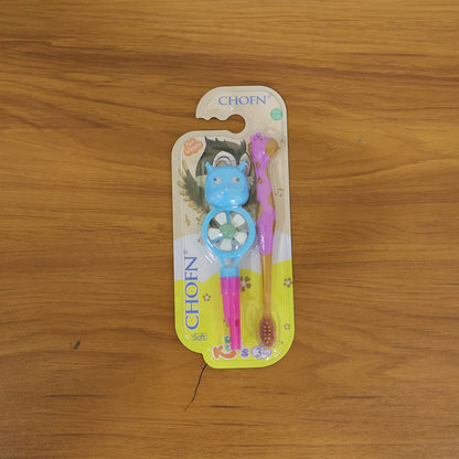 Wukusy kids toothbrush set with two cartoon-themed toothbrushes featuring whistle and fan designs, suitable for children.