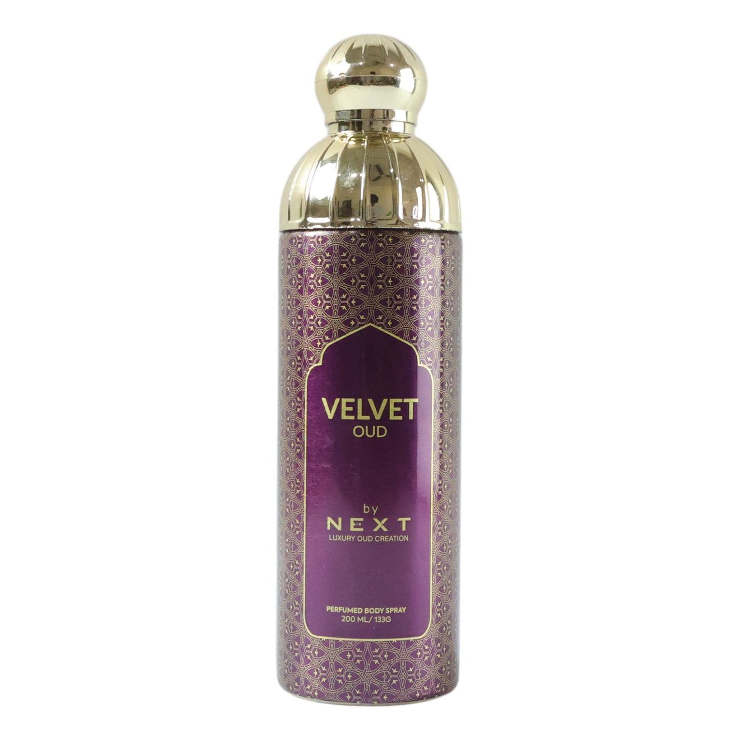 Wukusy Next Velvet Oud Premium Perfumed Body Spray 200ml bottle with elegant packaging and spray nozzle.