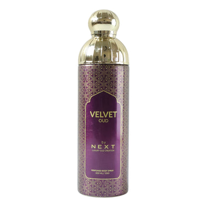 Wukusy Next Velvet Oud Premium Perfumed Body Spray 200ml bottle with elegant packaging and spray nozzle.