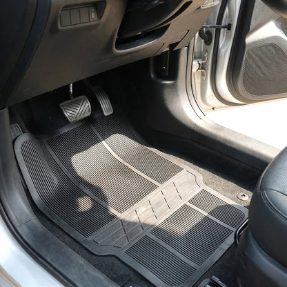 Set of four Wukusy universal car floor mats showing black rubber mats with textured surface for vehicle protection.