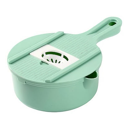Wukusy 6-in-1 vegetable chopper with drain basket, featuring multiple blades for slicing, chopping, and dicing vegetables.