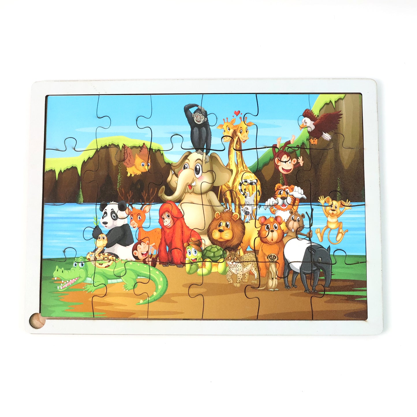 Wooden educational jigsaw puzzle board by Wukusy with mixed design, featuring colorful puzzle pieces on a smooth wooden surface.