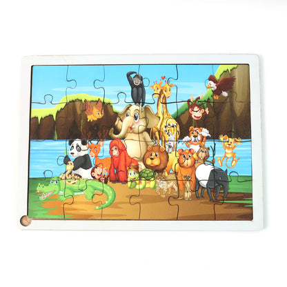 Wooden educational jigsaw puzzle board by Wukusy with mixed design, featuring colorful puzzle pieces on a smooth wooden surface.