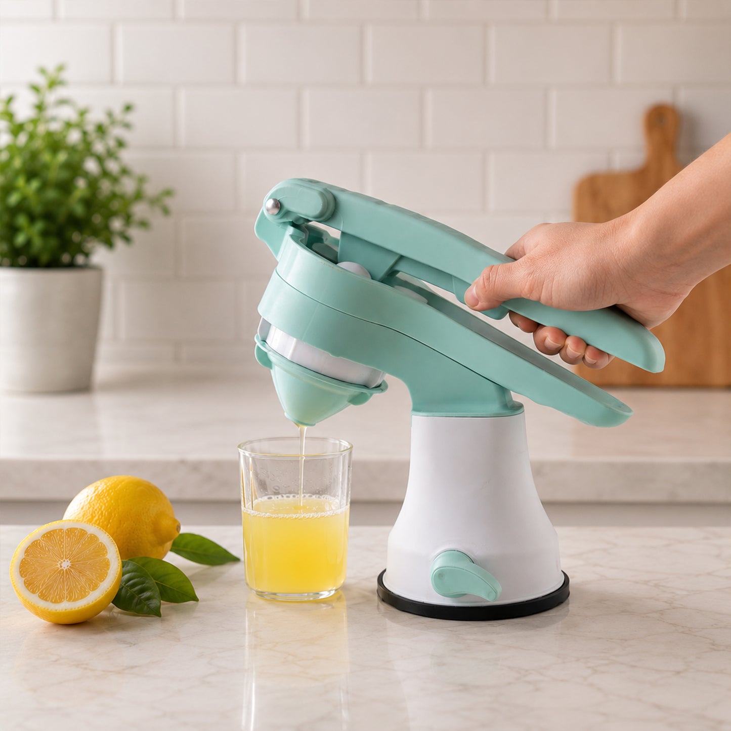 Wukusy manual citrus fruit juicer with hand press, shown squeezing fresh citrus fruit for juice extraction.