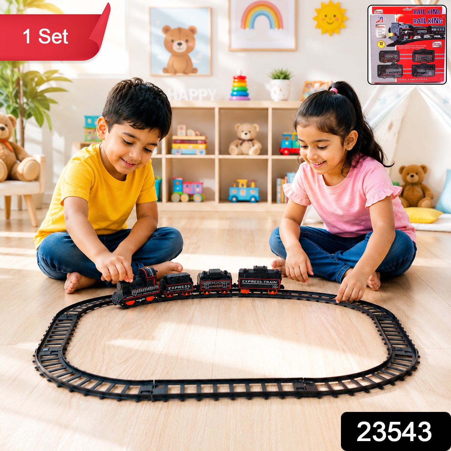 Wukusy Battery Opera Express Train Track Play Set with lights and sounds, featuring colorful train, tracks, and accessories for kids.