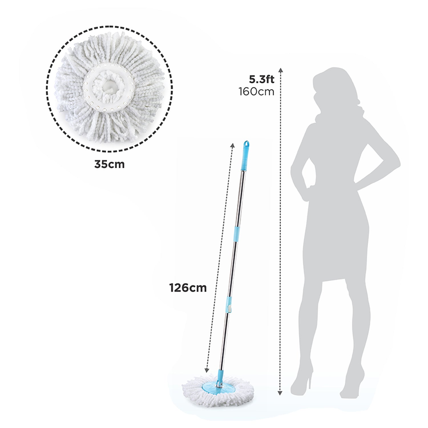 Wukusy 8703 spin mop with larger wheels and auto-fold plastic handle for 360-degree cleaning, shown in a clean, organized setting.