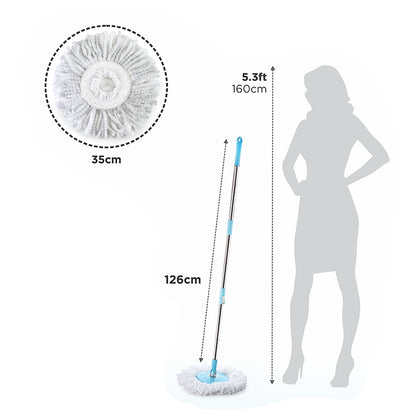 Wukusy 8703 spin mop with larger wheels and auto-fold plastic handle for 360-degree cleaning, shown in a clean, organized setting.