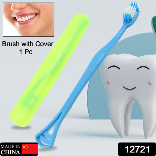 Wukusy 2-in-1 soft toothbrush and tongue cleaner with plastic cover, holder, and scraper for men, women, and kids.
