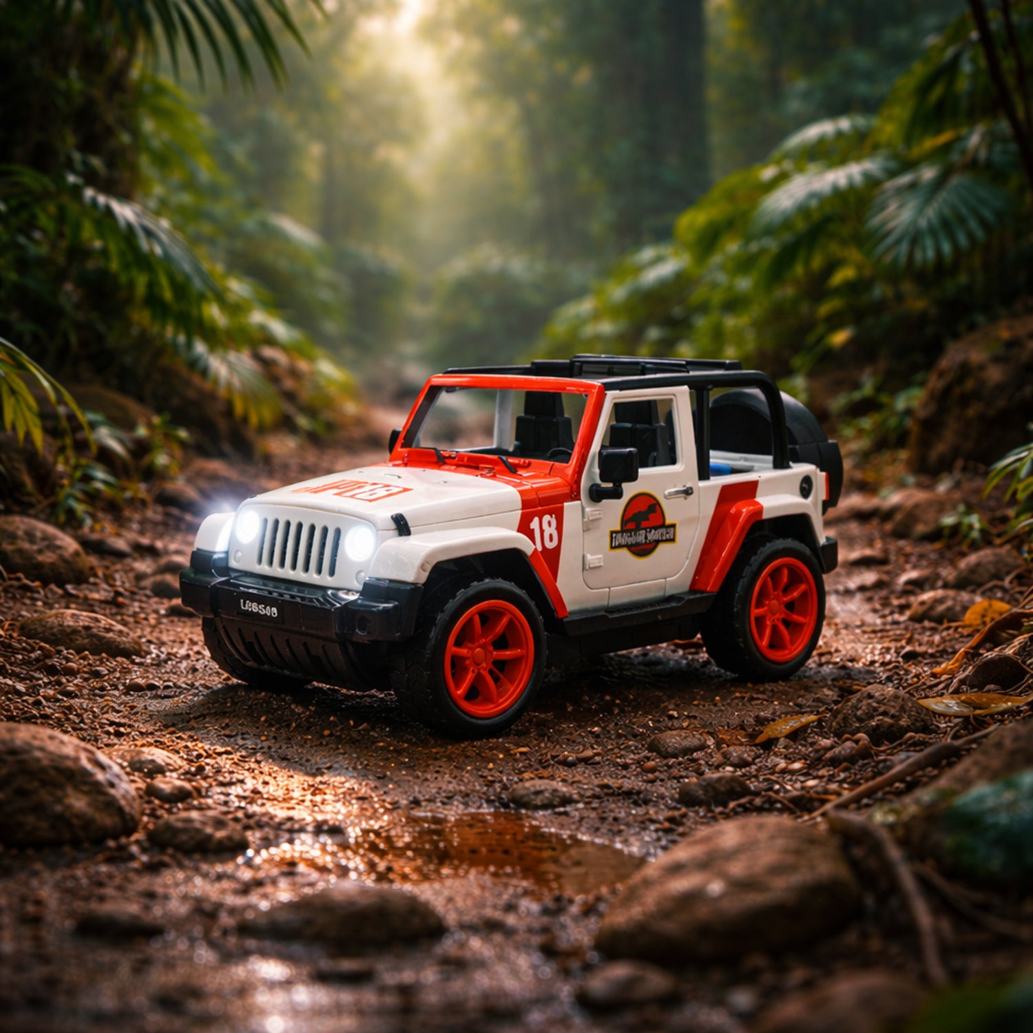 Kids dinosaur hunter off-road friction-powered toy jeep by Wukusy, featuring rugged design and vibrant colors for outdoor play.