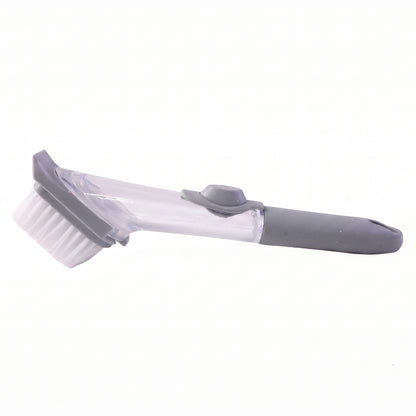 Wukusy soap dispensing dish scrub brush with refillable handle, kitchen cleaning brush for dishes and pots in a close-up view