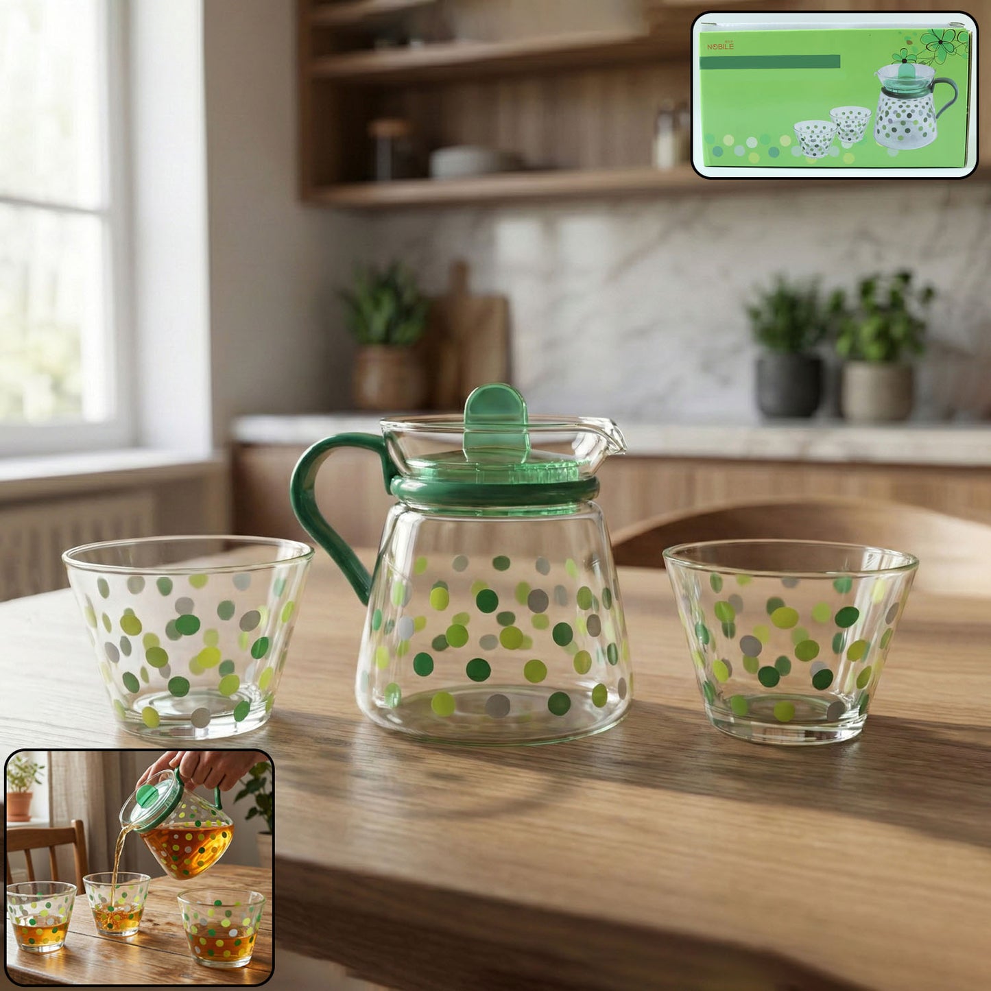 Elegant glass tea pot with matching cups set by Wukusy, featuring a clear, sleek design for serving tea in style.