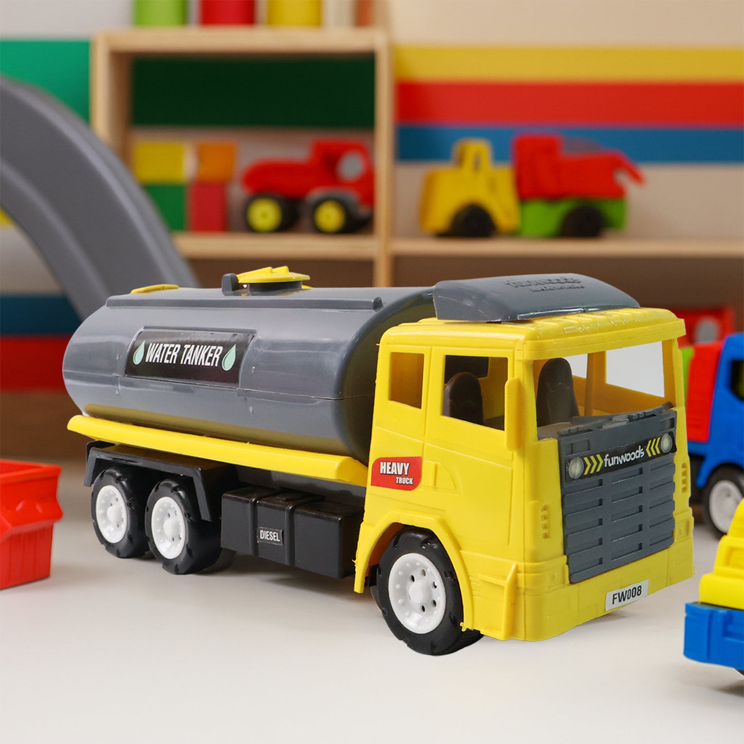 Wukusy Funwoods water tanker toy truck in red with blue wheels, detailed plastic construction, and realistic water tank design.