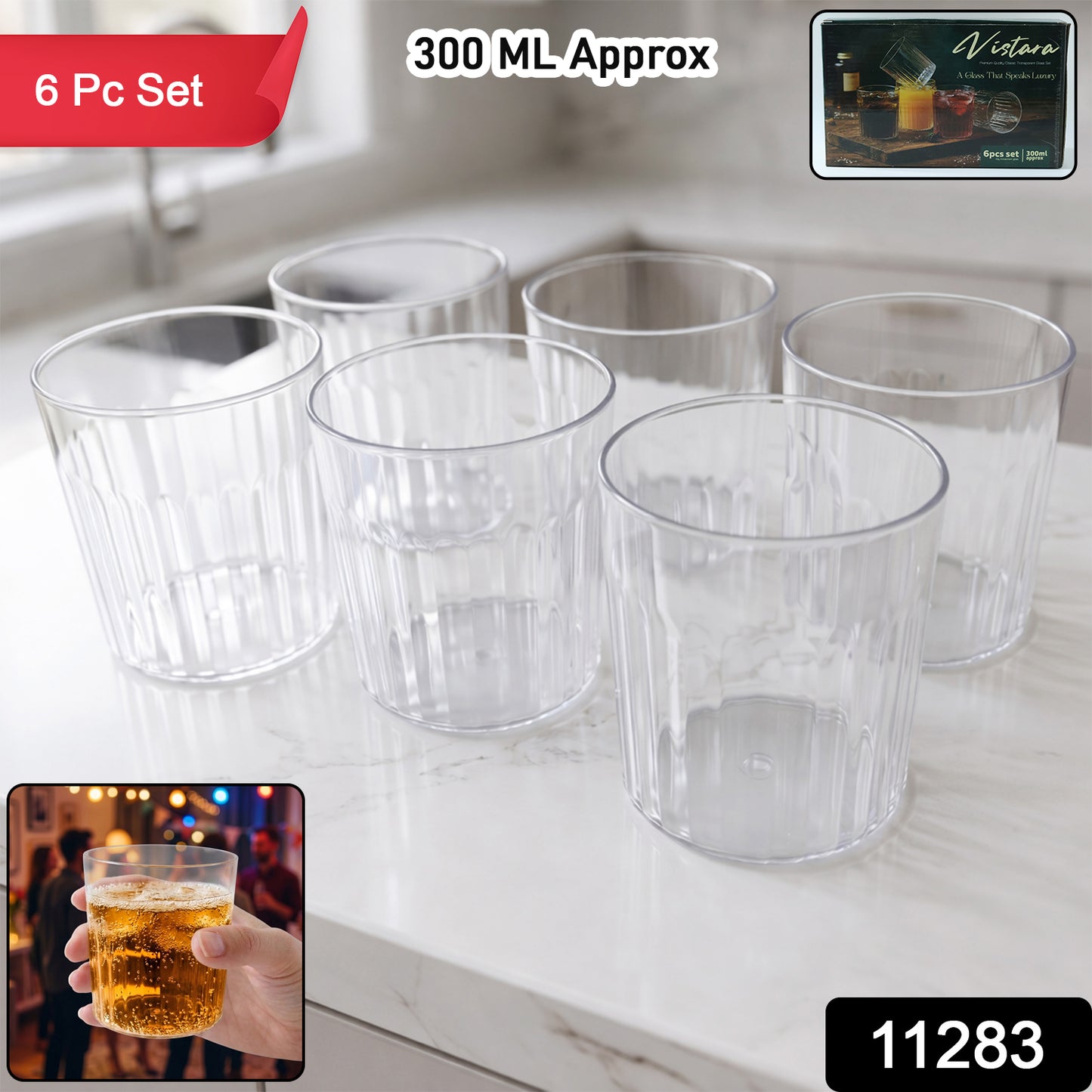 Set of six premium transparent drinking glasses by Wukusy, 300 ml each, clear glass with smooth, rounded design.