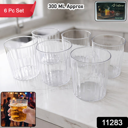 Set of six premium transparent drinking glasses by Wukusy, 300 ml each, clear glass with smooth, rounded design.
