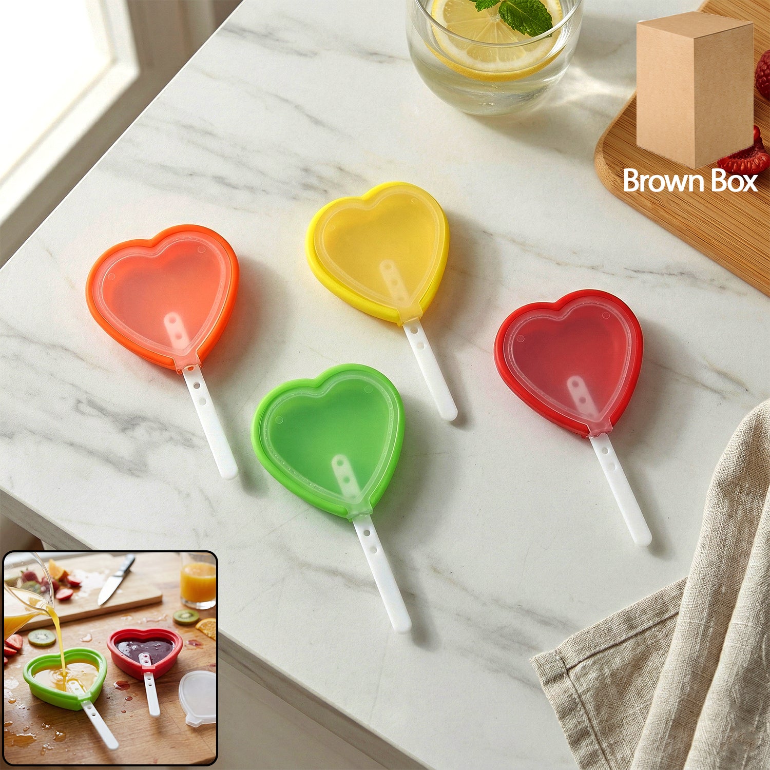 Wukusy premium heart-shaped silicone popsicle mold set with four colorful molds for making fun, heart-shaped frozen treats.