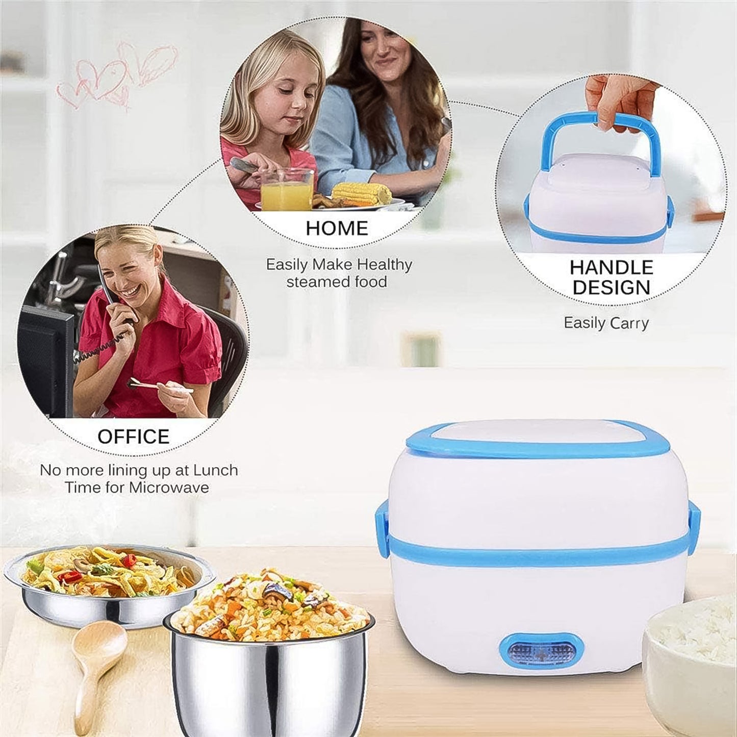 Wukusy electric lunch box with stainless steel bowls, 3-in-1 food heater, cooker, steamer for home and kitchen use