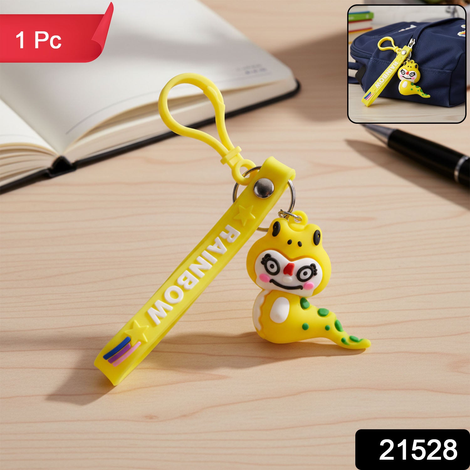 Cute cartoon dinosaur keychain from Wukusy featuring a colorful, playful dinosaur design on a keyring.