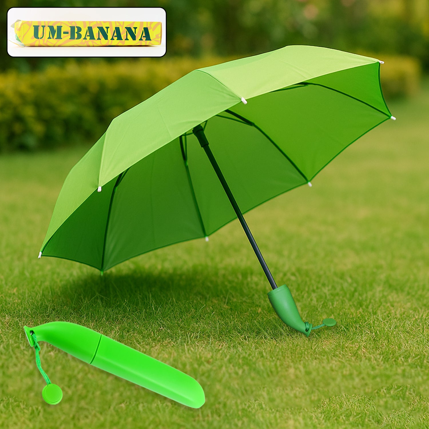 Green Wukusy travel mini foldable umbrella shaped like a banana, compact and stylish for on-the-go rain protection.