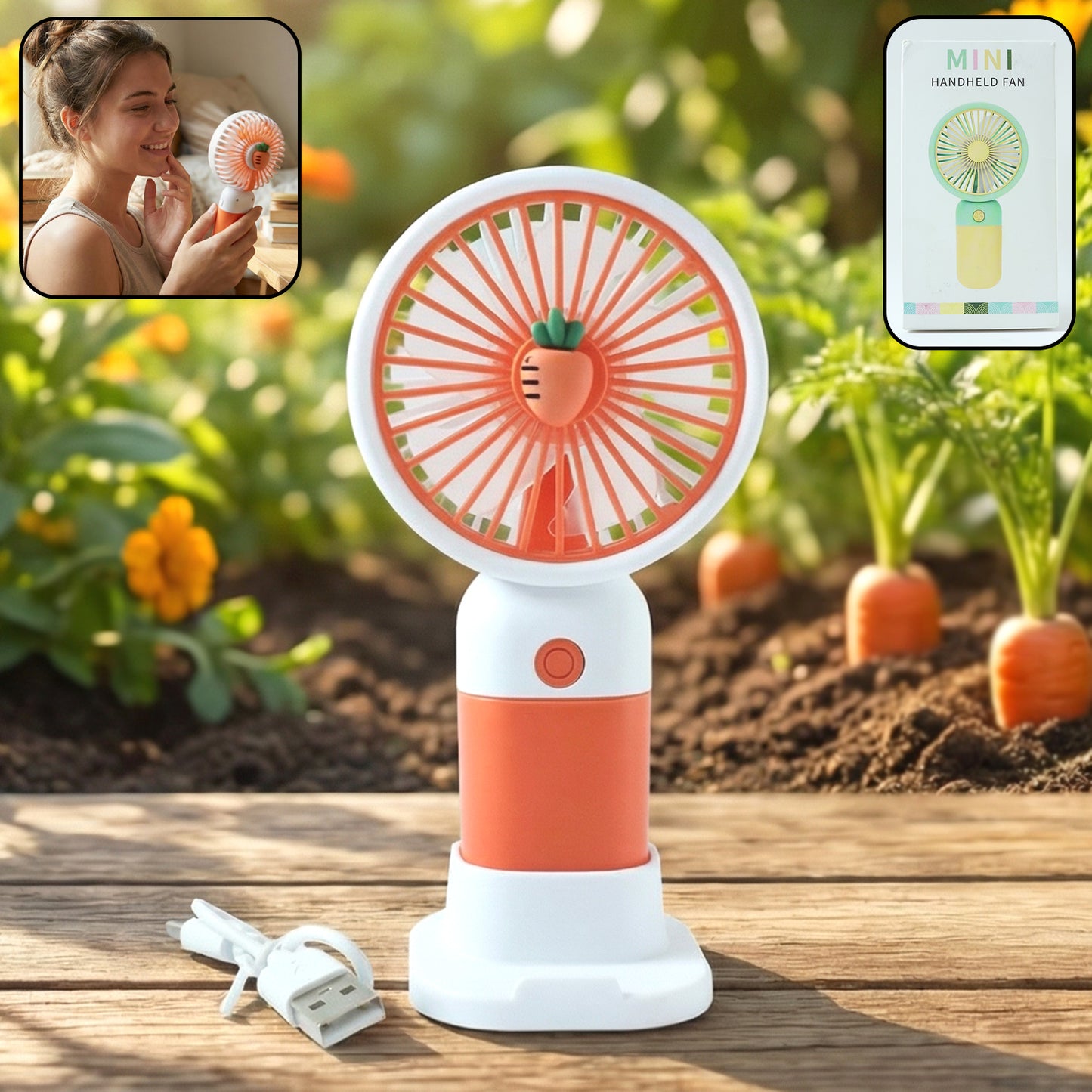 Wukusy rechargeable mini handheld fan with adjustable blades, compact and portable for personal cooling.