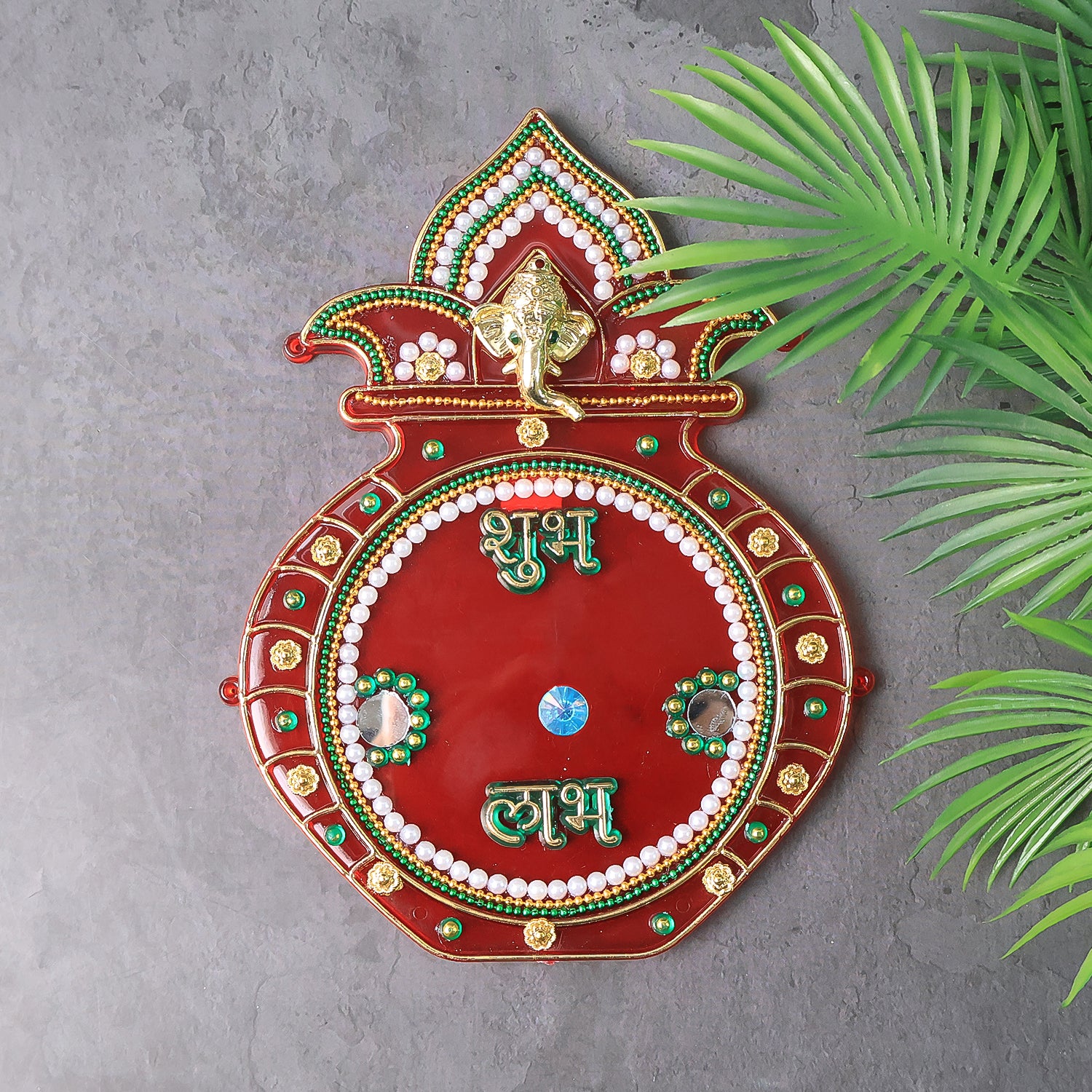 Decorative Kalash wall hanging with Shubh Labh design by Wukusy, featuring traditional Indian motifs for home decor.