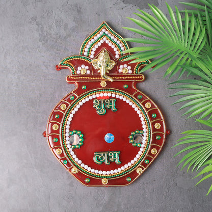 Decorative Kalash wall hanging with Shubh Labh design by Wukusy, featuring traditional Indian motifs for home decor.