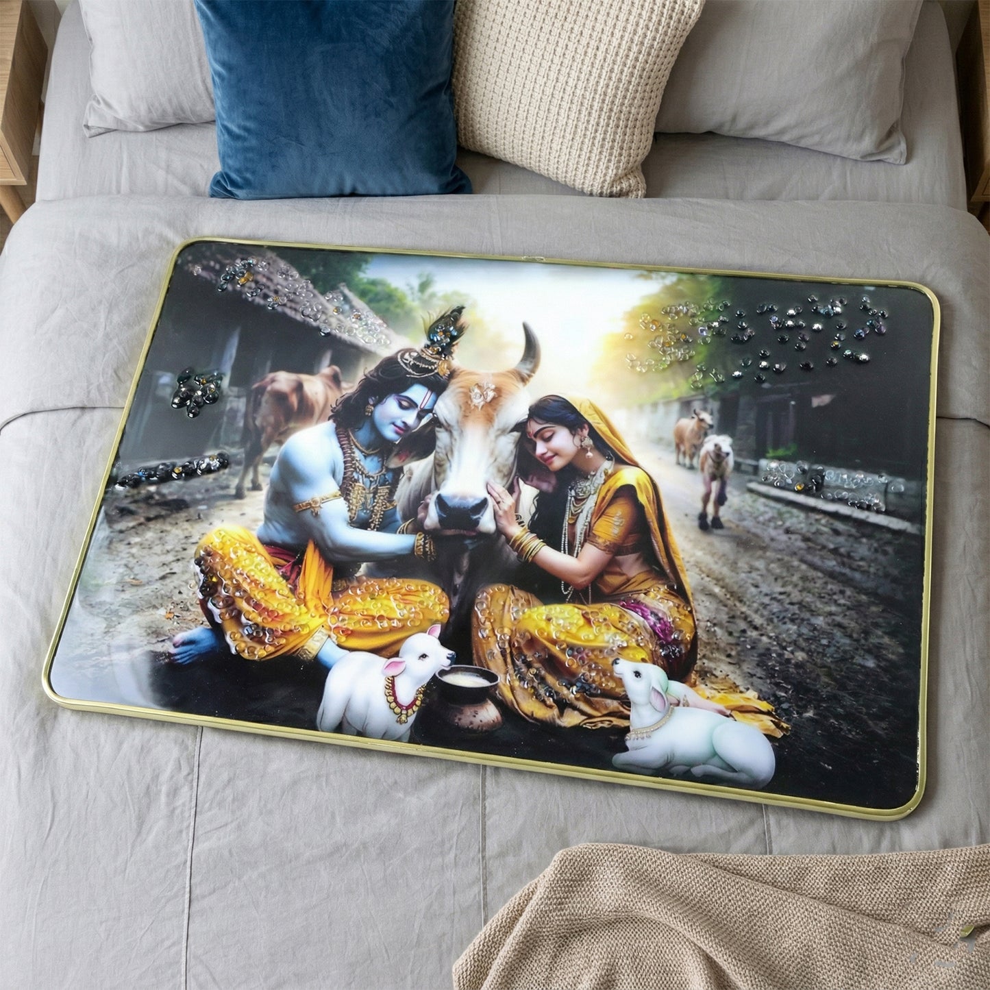 Wukusy Radha Krishna village scene wall art frame, 45x30 cm, featuring peaceful Hindu deity imagery in a decorative border