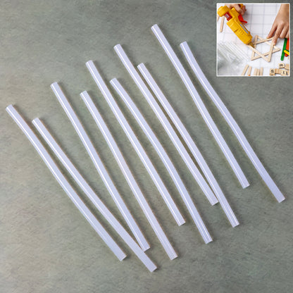 Set of 10 transparent Wukusy hot melt glue sticks for crafts and repairs, shown in a close-up image.