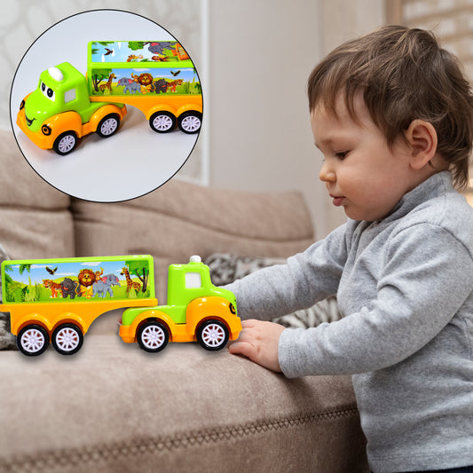 Small green and yellow Wukusy toy truck for children, detailed plastic toy vehicle with colorful design and sturdy wheels.