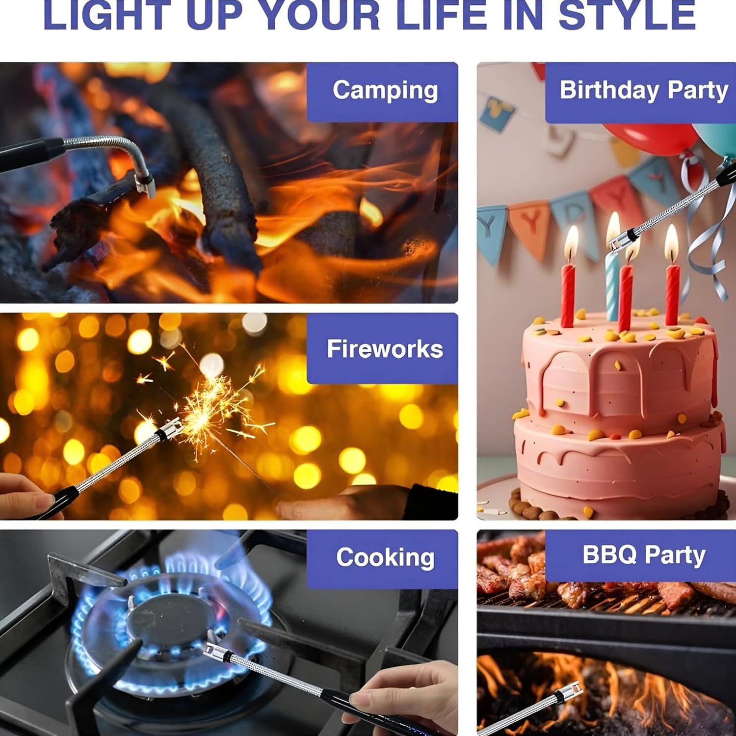 Wukusy metal rechargeable electric arc lighter with flexible neck, ideal for home and kitchen use, showing the lighter's design and flexible arm.