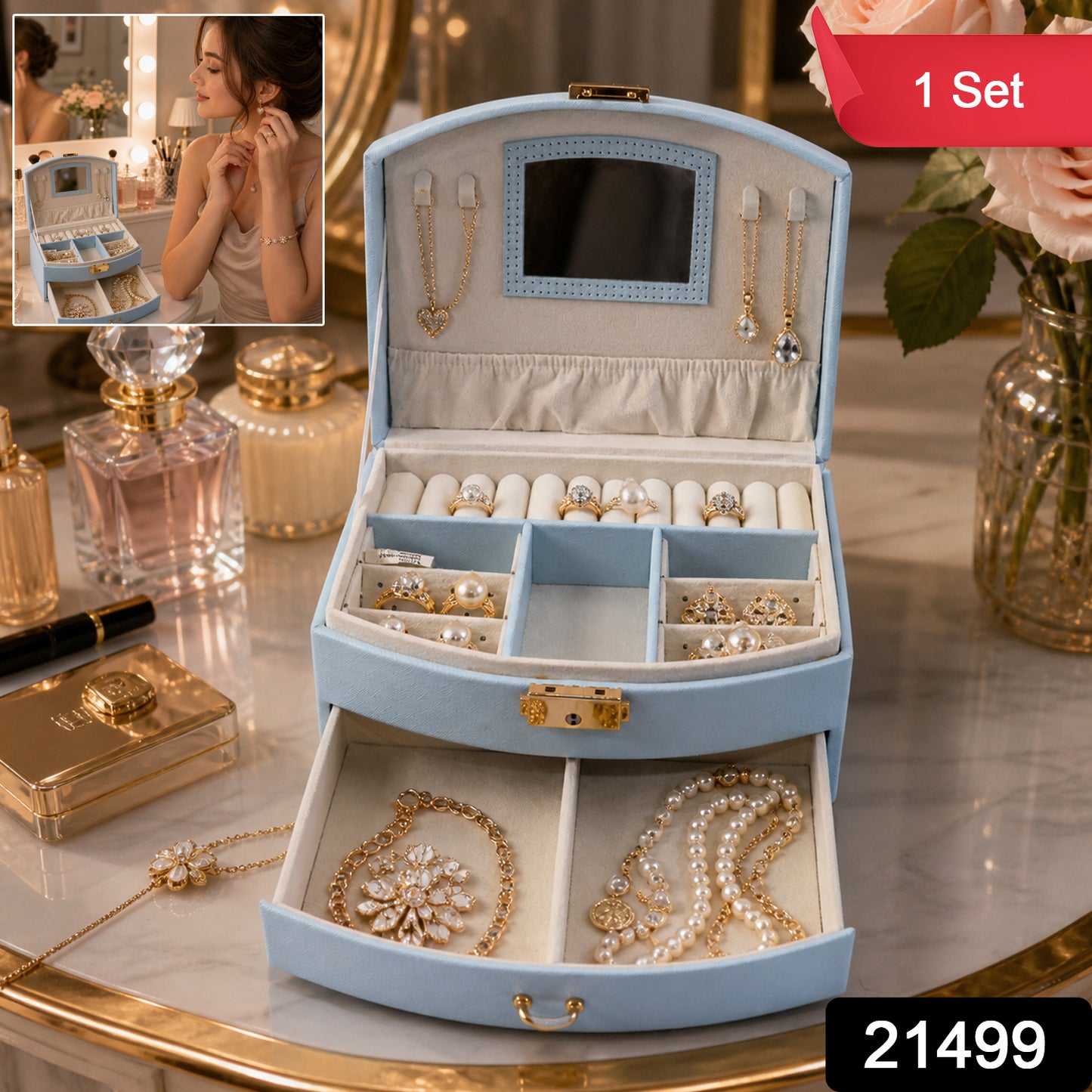 Wukusy premium multi-layer jewelry storage box with mirror, showing compartments for rings, necklaces, and earrings.