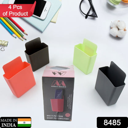 Pack of 4 Wukusy plastic wall-mounted remote and mobile holder stands for organized storage.