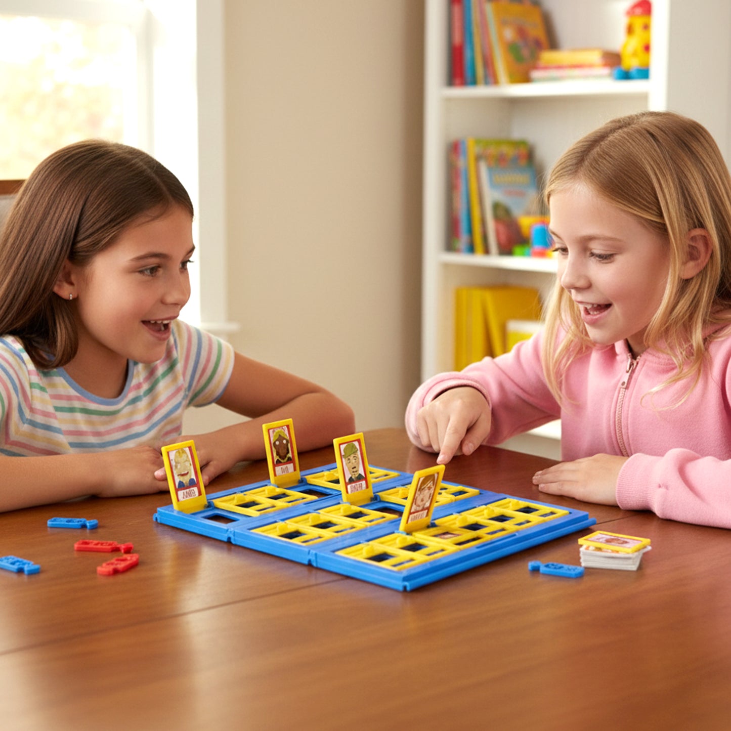 Wukusy Who Am I guessing board game for kids, featuring colorful game pieces and character cards on a play surface.