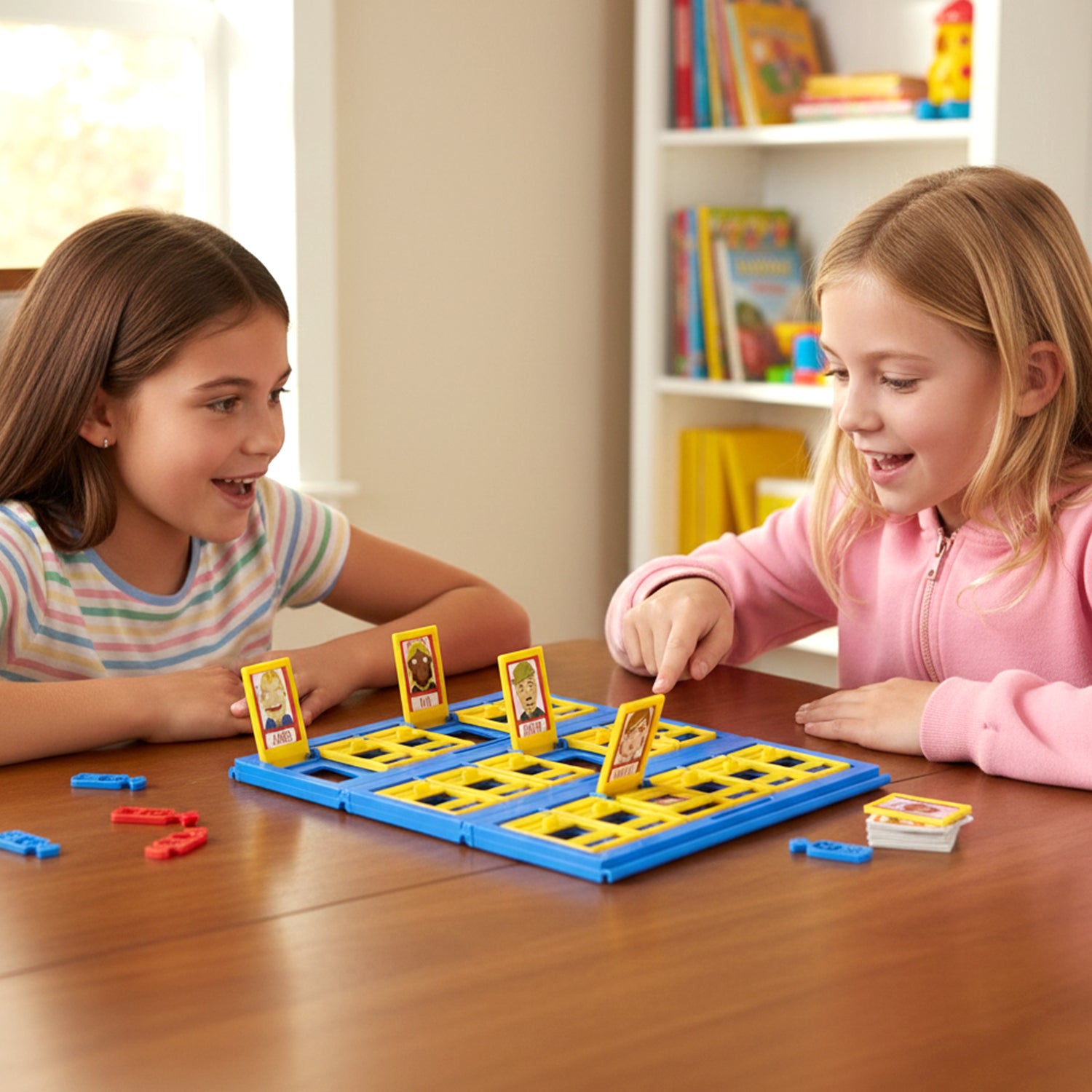 Wukusy Who Am I guessing board game for kids, featuring colorful game pieces and character cards on a play surface.
