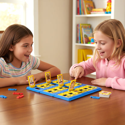 Wukusy Who Am I guessing board game for kids, featuring colorful game pieces and character cards on a play surface.