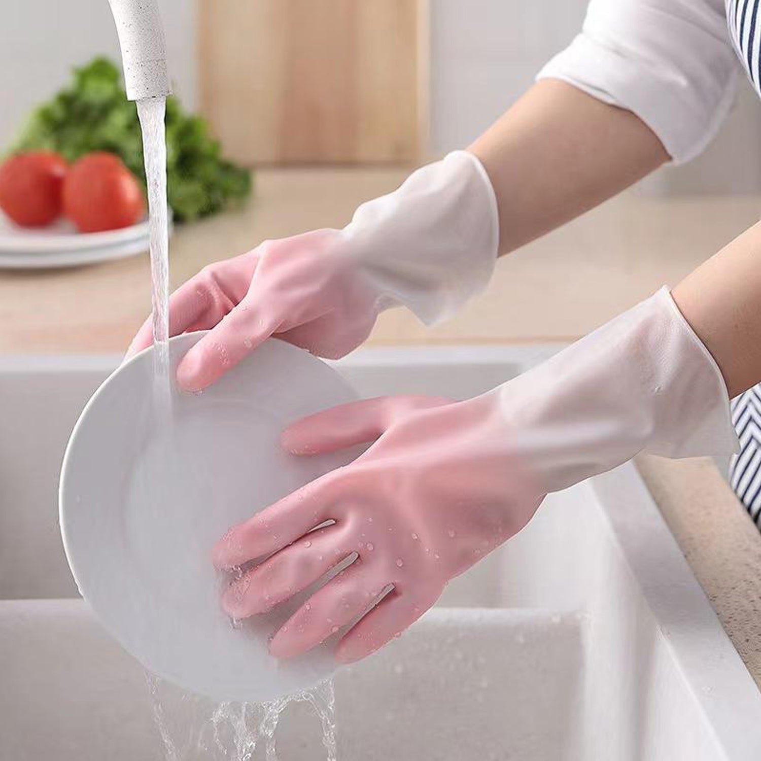 Pair of large reusable Wukusy household cleaning gloves, durable rubber with textured palms for effective cleaning.