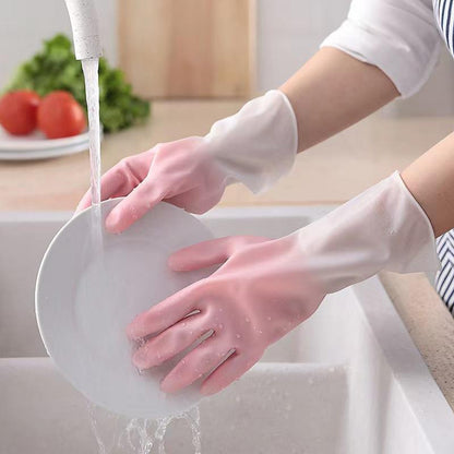 Pair of large reusable Wukusy household cleaning gloves, durable rubber with textured palms for effective cleaning.