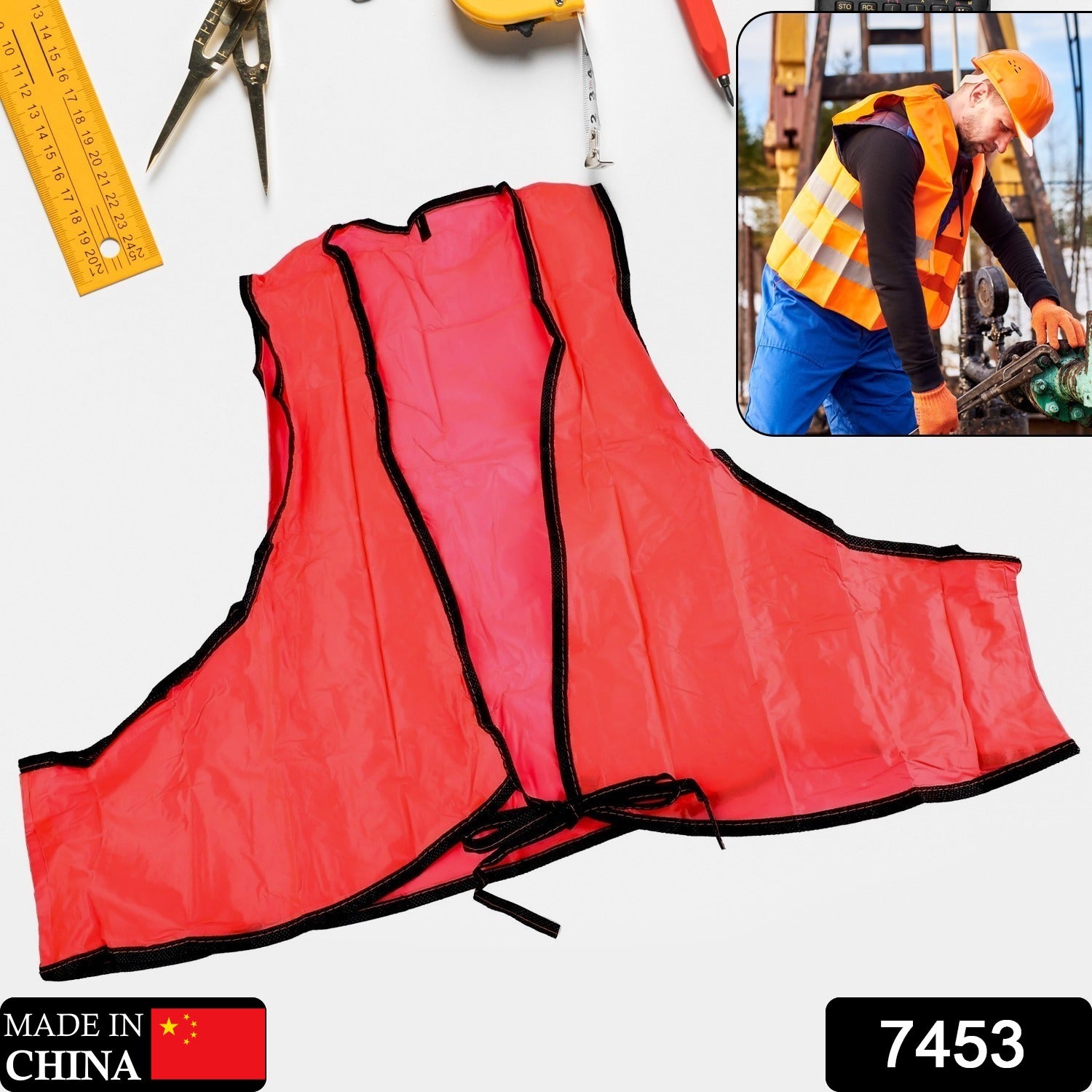 Wukusy 7453 economy safety vest with soft vinyl material, tie closure, high visibility for staff and volunteers outdoors.