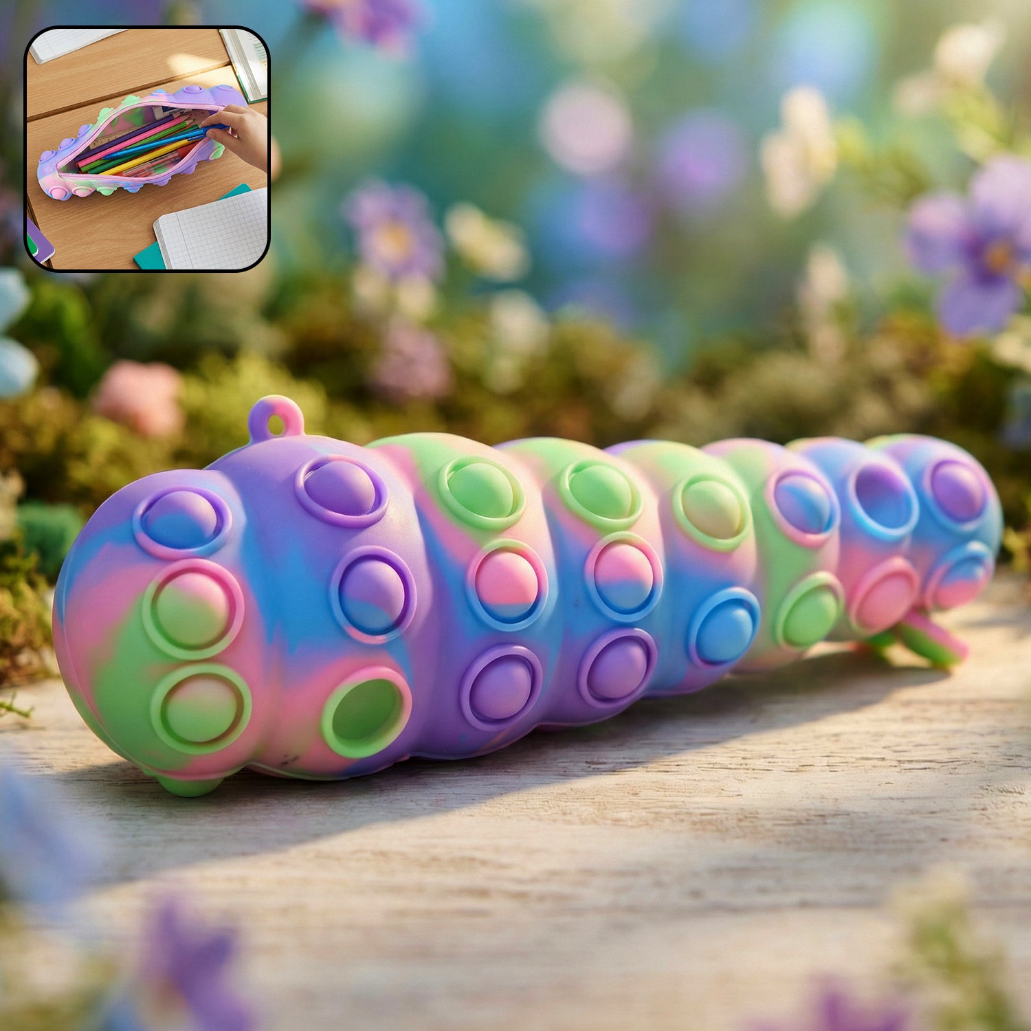 Rainbow caterpillar Pop It toy by Wukusy with colorful silicone bubbles for sensory fun and stress relief.