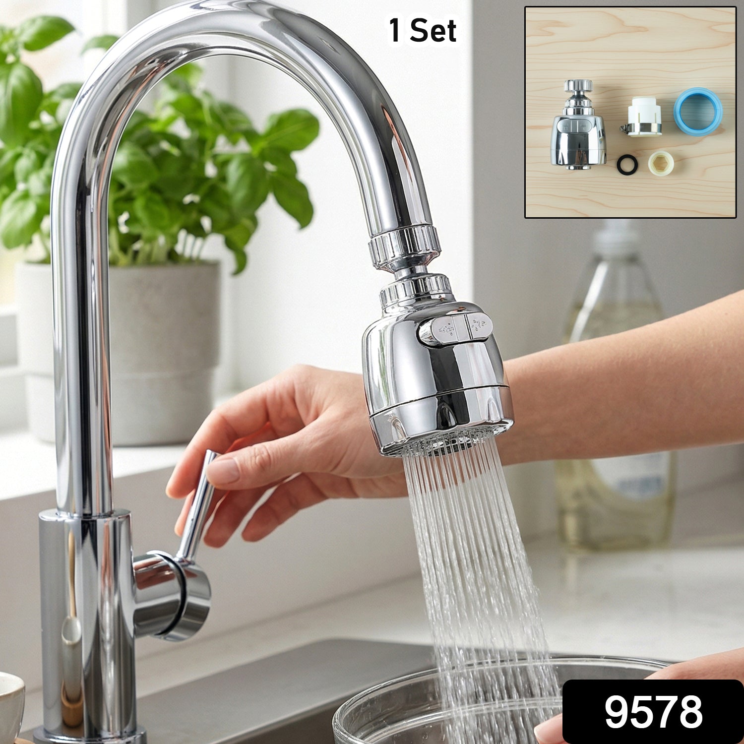 Wukusy 360-degree rotating faucet aerator set showing water flow and adjustable design for water saving.