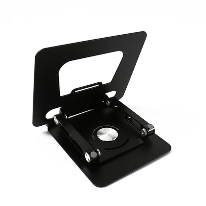Wukusy aluminum alloy adjustable laptop stand with 360° rotating bracket, foldable ergonomic design for portable mobile support.