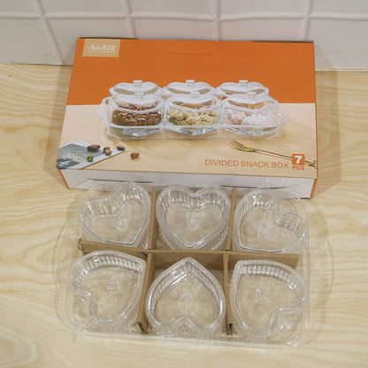 Wukusy heart-shaped dessert bowl set with 6 pieces, including trays and lids, displayed on a white background.