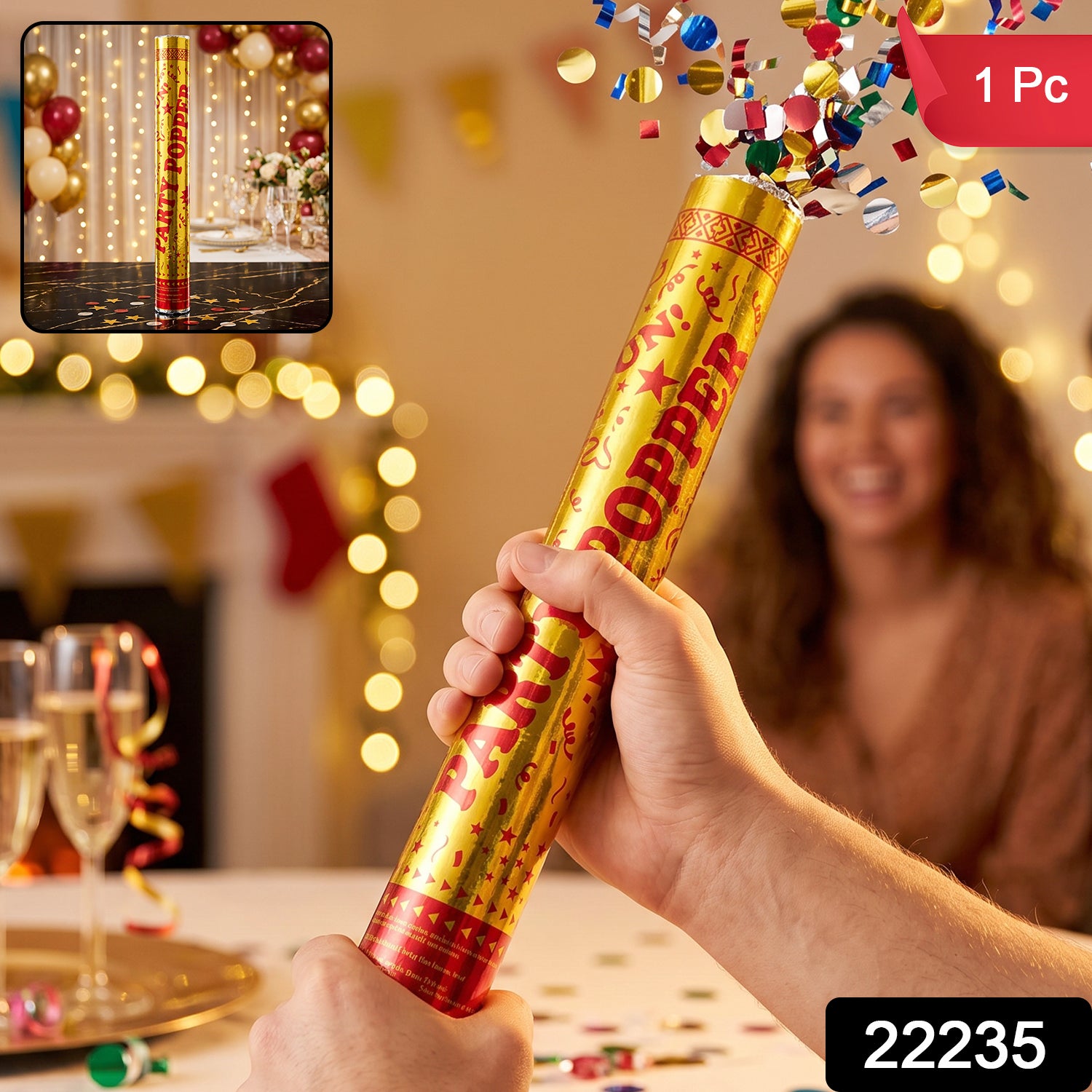 Wukusy golden party popper confetti cannon, handheld celebration shooter for birthdays and special events, with colorful confetti inside