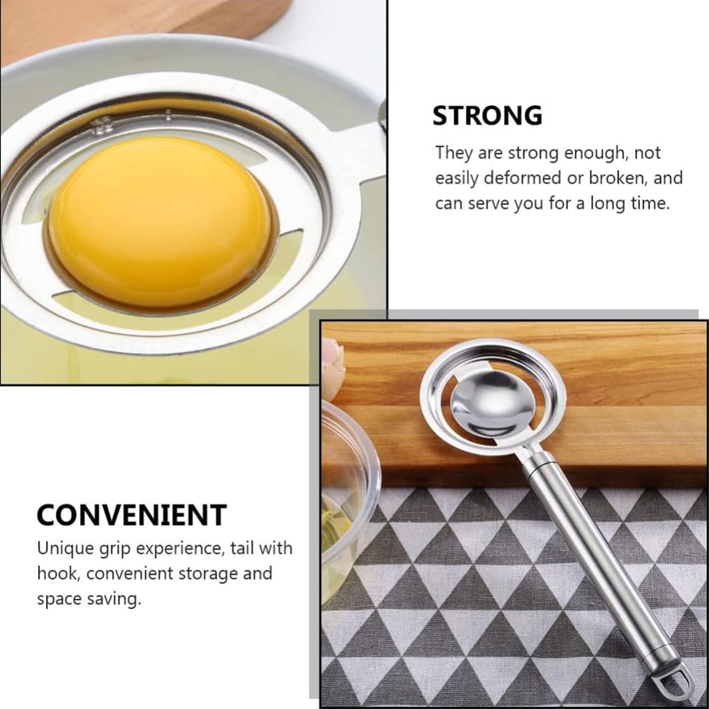 Wukusy stainless steel egg yolk and white separator tool with handle, designed for kitchen egg separating tasks.
