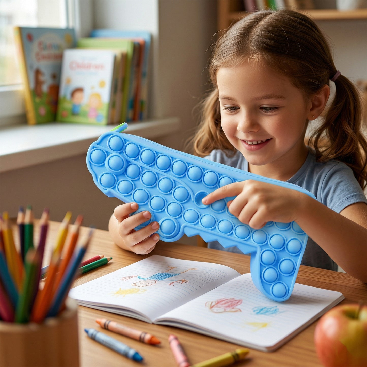 Wukusy cartoon crocodile shape pop it pencil pouch with colorful silicone pop it, ideal for stationery storage and fun organization.