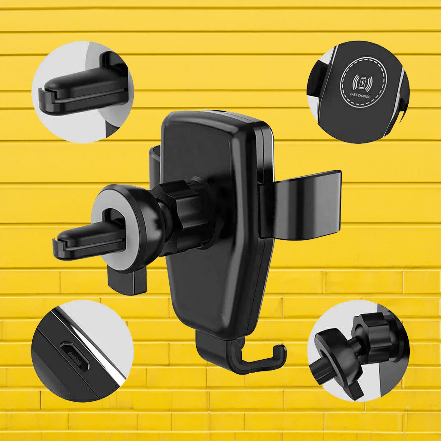 Wukusy 7042 wireless car phone holder with auto clamping, 10W Qi fast charging, 360° rotation, air vent mount for smartphones