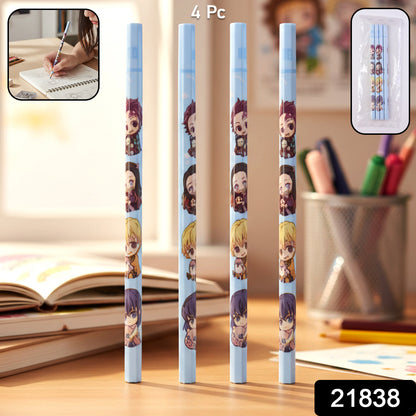Set of four cartoon printed Wukusy kids' school pencils with cute designs for writing and drawing.