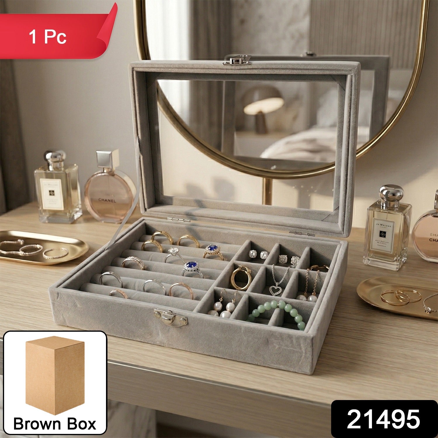 Wukusy premium velvet jewelry organizer box with transparent lid, featuring multiple compartments for storing necklaces, rings, and earrings.